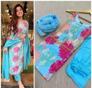 FORMAL WEAR RAYON DIGITAL PRINT WORK TOP BOTTOM WITH DUPATTA  SKY