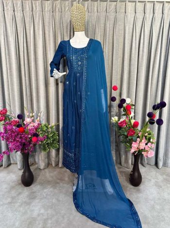 DESIGNER RAYON EMBROIDERY FOIL MIRROR WORK TOP BOTTOM WITH DUPATTA BLUE