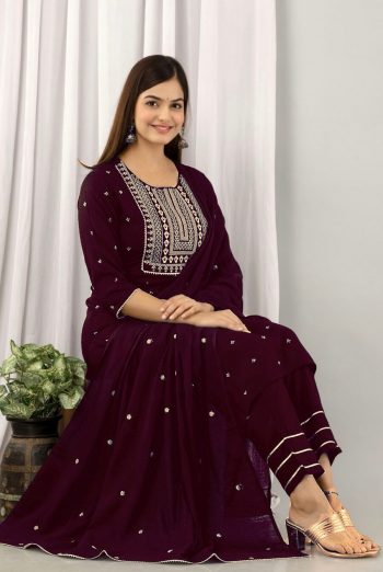 FORMAL WEAR RAYON EMBROIDERY WORK TOP BOTTOM WITH DUPATTA WINE