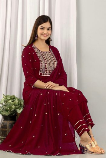 FORMAL WEAR RAYON EMBROIDERY WORK TOP BOTTOM WITH DUPATTA MAROON
