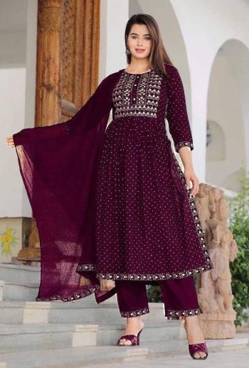 DESIGNER RAYON EMBROIDERY WORK TOP PANT WITH DUPATTA  WINE