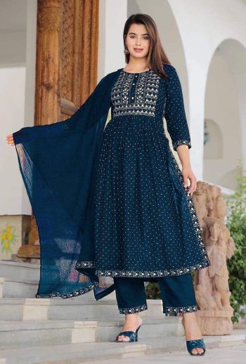 DESIGNER RAYON EMBROIDERY WORK TOP PANT WITH DUPATTA TEAL