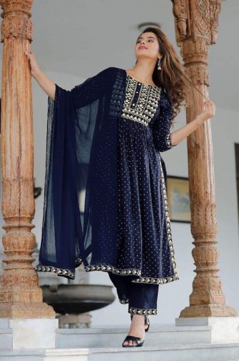 DESIGNER RAYON EMBROIDERY WORK TOP PANT WITH DUPATTA NAVY BLUE