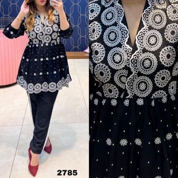 FANCY RAYON EMBROIDERY WORK CO-ORD SET DESISGN TOP BOTTOM NAVY BLUE