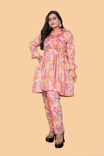 DESIGNER RAYON FOIL PRINT WORK CORD SET BABY PINK