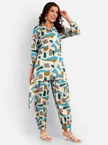 DESIGNER RAYON FOIL PRINT WORK CORD SET SKY