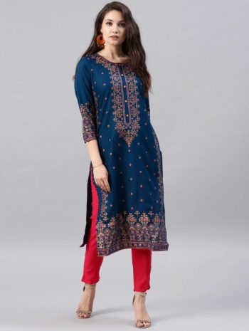 DESIGNER RAYON FOIL PRINT WORK ONLY KURTI MOREPEACH