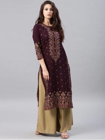 DESIGNER RAYON FOIL PRINT WORK ONLY KURTI WINE