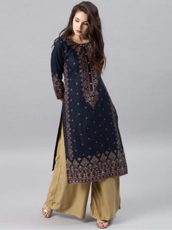 DESIGNER RAYON FOIL PRINT WORK ONLY KURTI NAVY BLUE