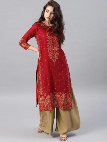 DESIGNER RAYON FOIL PRINT WORK ONLY KURTI RED