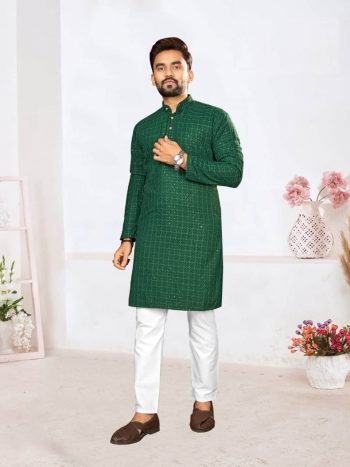 FORMAL WEAR SEQUENCE WORK KURTA WITH PAYJAMA GREEN