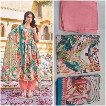 DESIGNER SATIN SILK PRINTED EMBROIDERY WORK ALIA CUT TOP BOTTOM WITH DUPATTA BABY PINK