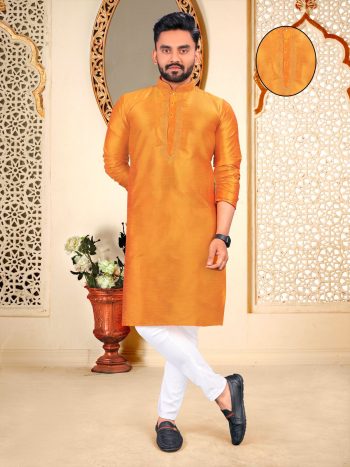 DESIGNER SILK COTTON KURTA WITH PAYJAMA ORANGE