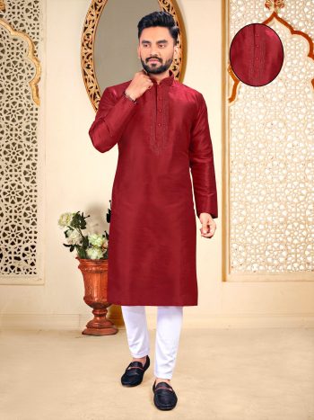 DESIGNER SILK COTTON KURTA WITH PAYJAMA MAROON