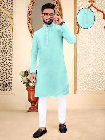 DESIGNER SILK COTTON KURTA WITH PAYJAMA MINT
