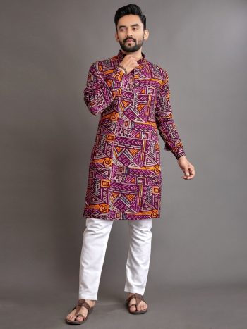 DESIGNER SOFT COTTOM FOIL PRINT WORK MEN'SKURTA WITH PAYJAMA  RANI