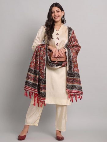 DESIGNER SOUTH SILK WITH EMBROIDERY SEQUENCE WORK TOP PANT WITH DUPATTA CREAM