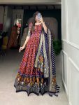 DESIGNER TUSSAR SILK PATOLA PRINT WORK GOWN WITH DUPATTA PARTY WEAR WHOLESALE PRICE ETHNIC GARMENT (1)