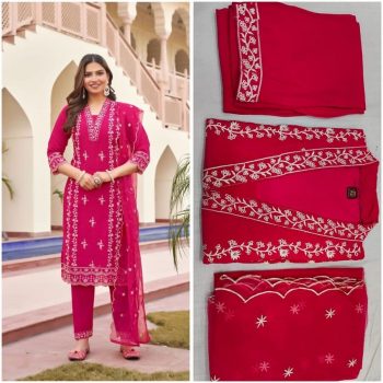 DESIGNER VISCOSE ROMAN SILK EMBROIDERY WORK TOP BOTTOM WITH DUPATTA PINK