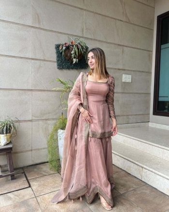 HEAVY EMBROIDERY WORK WITH FULL FANCY SLEEVE  TOP MICRO COTTON SHARARA  SOFT BUTTERFLY NET  DUPATTA SEMI STITCHED PEACH