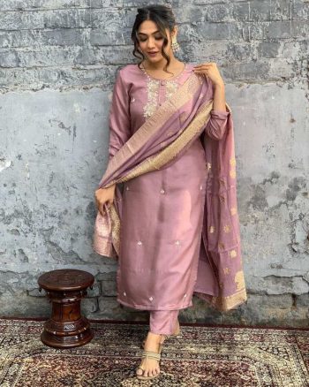FANCY CHANDERI SILK EMBROIDERY WORK TOP BOTTOM WITH DUPATTA BABY PINK