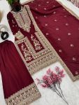 FANCY CHINON EMBROIDERY CODING DORI SEQUENCE WORK TOP PALAZZO WITH DUPATTA WEDDING WEAR WHOLESALE PRICE ETHNIC GARMENT (1)