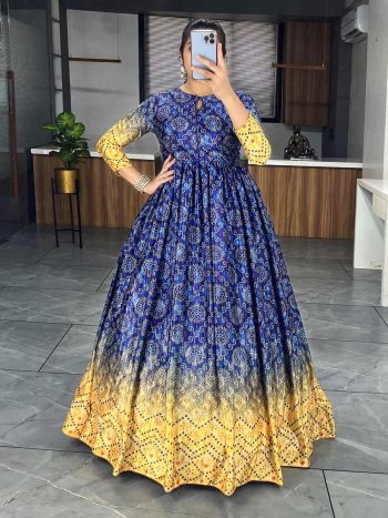 FANCY CHINON FLORAL PRINT WITH CHOLI PART CRUSH GOWN  NAVY BLUE