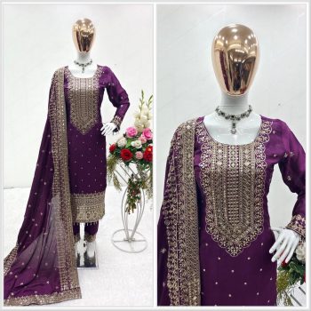 FANCY CHINON SEQUENCE EMBROIDERY WORK TOP BOTTOM WITH DUPATTA WINE