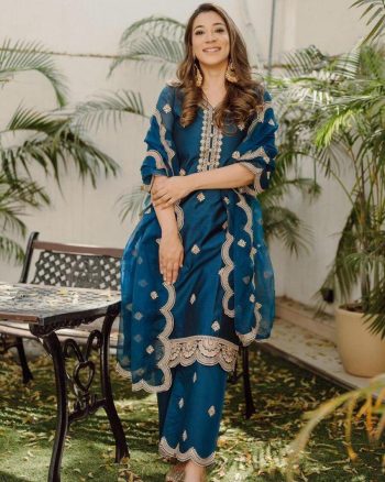 FANCY CHINON SILK EMBROIDERY SEQUENCE WORK TOP PALAZZO WITH DUPATTA NAVY BLUE