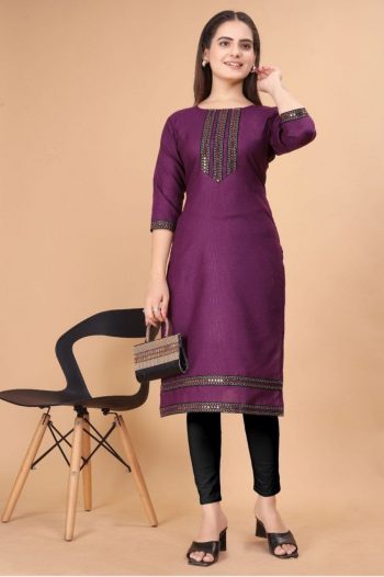 FANCY COTTON LACE WORK READY TO WEAR ONLY KURTI WINE