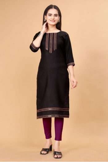 FANCY COTTON LACE WORK READY TO WEAR ONLY KURTI BLACK