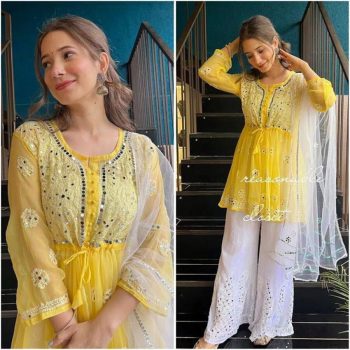 FANCY GEORGETTE EMBROIDERY REAL MIRROR WORK TOP PALAZZO WITH DUPATTA YELLOW