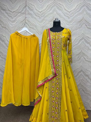 FANCY GEORGETTE EMBROIDERY THREAD SEQUENCE WORK TOP PALAZZO WITH DUPATTA  YELLOW