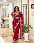 FANCY GEORGETTE EMBROIDERY THREAD WORK SAREE WITH UNSTITCHED BLOUSE PARTY WEAR WHOLESALE PRICE ETHNIC GARMENT (2)