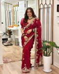 FANCY GEORGETTE EMBROIDERY THREAD WORK SAREE WITH UNSTITCHED BLOUSE PARTY WEAR WHOLESALE PRICE ETHNIC GARMENT (2)