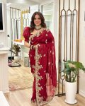 FANCY GEORGETTE EMBROIDERY THREAD WORK SAREE WITH UNSTITCHED BLOUSE PARTY WEAR WHOLESALE PRICE ETHNIC GARMENT (2)