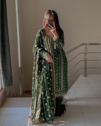 FANCY GEORGETTE SEQUENCE EMBROIDERY WORK TOP SHARARA WITH DUPATTA GREEN