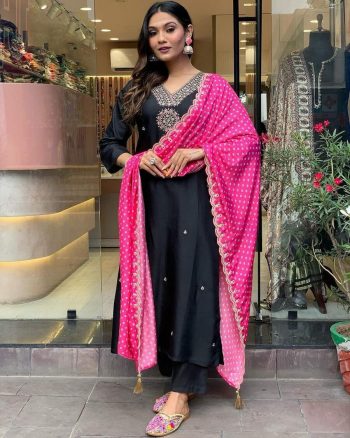 FANCY MODAL SILK EMBROIDERY SEQUENCE WORK TOP BOTTOM WITH DUPATTA  BLACK