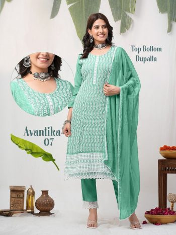 FANCY RAYON CHIKANKARI WORK TOP BOTTOM WITH DUPATTA GREEN