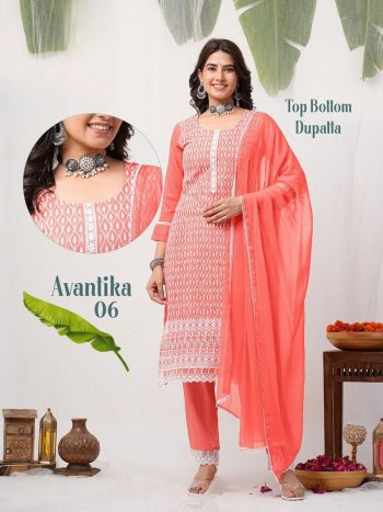 FANCY RAYON CHIKANKARI WORK TOP BOTTOM WITH DUPATTA ORANGE