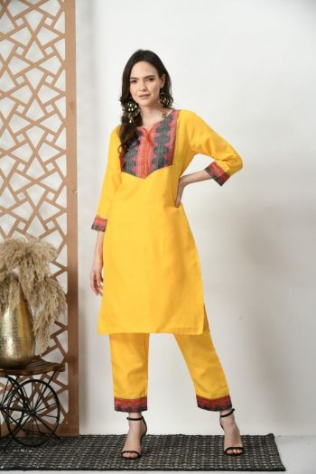 FANCY RAYON PRINTED LACE WORK TOP WITH BOTTOM YELLOW