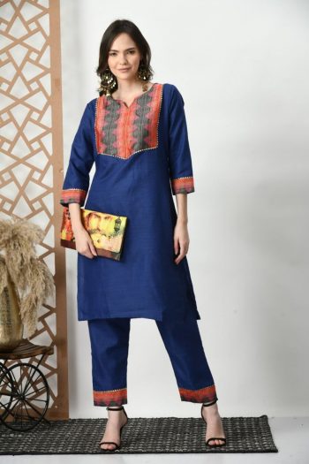 FANCY RAYON PRINTED LACE WORK TOP WITH BOTTOM  NAVY BLUE