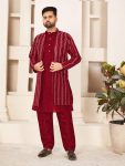 FASHIONABLE BANGLORI SILK MIRROR EMBROIDERY SEQUENCE WORK KURTA PAJAMA WITH KOTI RED