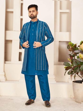 FASHIONABLE BANGLORI SILK MIRROR EMBROIDERY SEQUENCE WORK KURTA PAJAMA WITH KOTI SKY