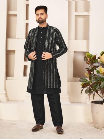 FASHIONABLE BANGLORI SILK MIRROR EMBROIDERY SEQUENCE WORK KURTA PAJAMA WITH KOTI BLACK