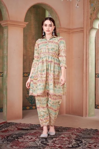 FASHIONABLE CHANDERI FLORAL PRINT FOIL WORK CO-ORD SET CREAM