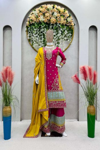 FASHIONABLE CHINON SEQUENCE CODING WORK TOP PALAZZO WITH DUPATTA PINK