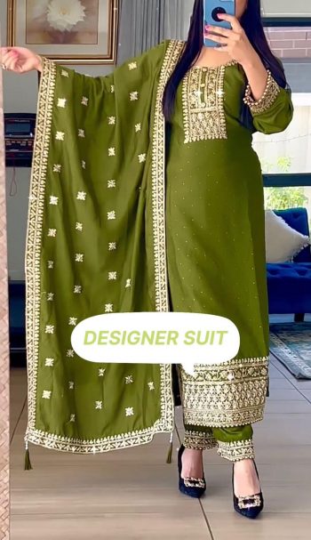 FASHIONABLE CHINON SILK EMBROIDERY CODING WORK TOP BOTTOM WITH DUPATTA MEHNDI