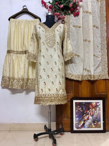 FASHIONABLE CHINON SILK SEQUENCE EMBROIDREY WORK TOP SHARARA WITH DUPATTA OFF WHITE