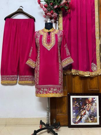 FASHIONABLE CHINON SILK ZARI EMBROIDREY WORK TOP PALAZZO WITH DUPATTA  PINK